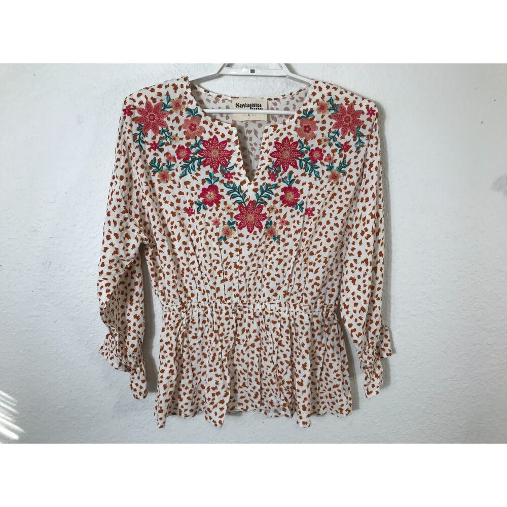 Savanna Jane Top‎ Womens Large Floral Embroidered Rayon Multicolor Boho